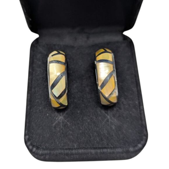 CNA 925 Sterling Silver Italy Yellow Inlay Hoop Earrings 0.5oz Modern Design - Picture 1 of 4